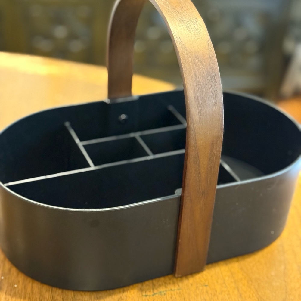 Black Metal Organizer with Wooden Handle